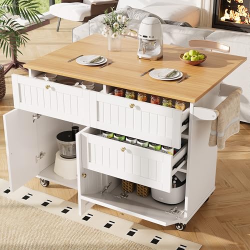 LARFOEK Kücheninsel auf Rollen, Küchenwagen mit Klappbarer Arbeitsplatte, Küchenschrank mit 3 Schubladen und 3 Türen, Servierwagen mit Lagerungsschrank und Handtuchhalter, 133x37,3(70) x88cm, Weiß von LARFOEK