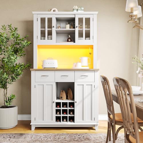 LARFOEK Küchenschrank, Hochschrank mit LED-Beleuchtung, Buffetschrank mit 4 Türen und 3 Schubladen, Küchenbuffet mit Verstellbaren Ablagen, Vitrinenschrank, 106x40x179,5cm (Weiß) von LARFOEK