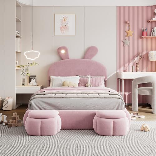 LARFOEK Polsterbett 140x200cm, Kinderbett mit 2 Aufbewahrungshockern, Jugendbett mit LED-Nachttischbeleuchtung, Hasenohren Bett mit Stauraum, Rosa, ohne Matratze (Rosa, 140x200cm) von LARFOEK