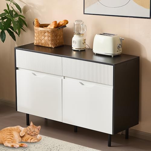 LARFOEK Sideboard, Küchenschrank mit 2 Schubladen und 2 Türen, Buffetschrank mit Verstellbarer Einlegeboden, Küchenbuffet für Wohnzimmer, Esszimmer, 120 x 40 x 80 cm, Schwarz Weiß (A) von LARFOEK