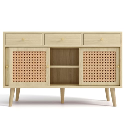 LARFOEK Sideboard, Küchenschrank mit 3 Schubladen und 3 Schiebetüren, Kommode mit Verstellbarer Einlegeboden, Buffetschrank für Wohnzimmer, Küche, Flur, 120x 40x78cm, Eiche (A) von LARFOEK