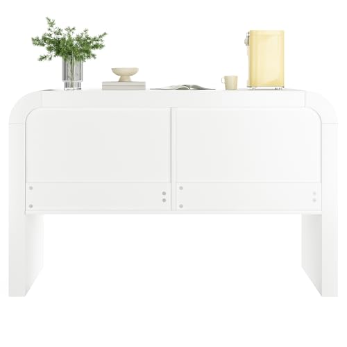 LARFOEK Sideboard, Küchenschrank mit Abgerundeter Ecke, Buffetschrank mit 4 Magnetischen Türen, Aufbewahrungsschrank für Esszimmer, Wohnzimmer, Flur, 120 X 39,8 X 75 cm, Weiß von LARFOEK