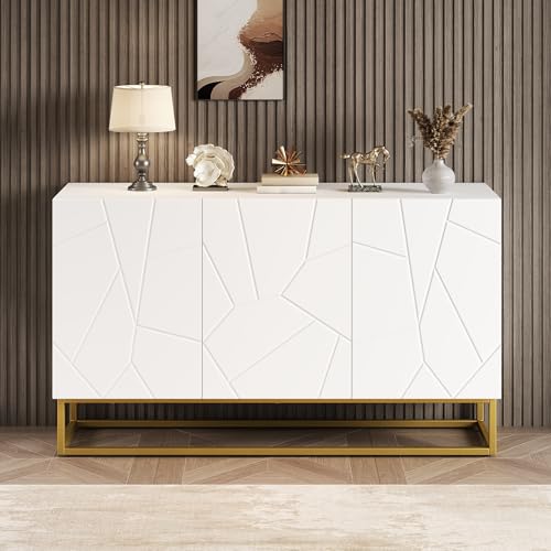 LARFOEK Sideboard Weiß mit 3 Türen, 130 cm Breit Hochglanz Aufbewahrungsschrank, Modernes Schrank Holz für Wohnzimmer, Schlafzimmer, Flur, 130 x 36 x 76 cm von LARFOEK
