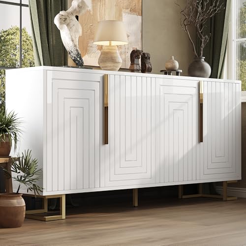 LARFOEK Sideboard Weiß mit 4 Türen, Moderne Küchenschrank aus Holz, Aufbewahrungsschrank für Wohnzimmer, Esszimmer, Schlafzimmer, 152 x 40 x 75 cm von LARFOEK