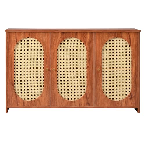 LARFOEK Sideboard mit 3 Türen, Großem Stauraum Kommode, Künstlichen Rattantüren und Metallgriffen, Mehrzweckschrank für Schlafzimmer, Wohnzimmer, Arbeitszimmer, 125 X 38 X 78cm, Walnuss von LARFOEK