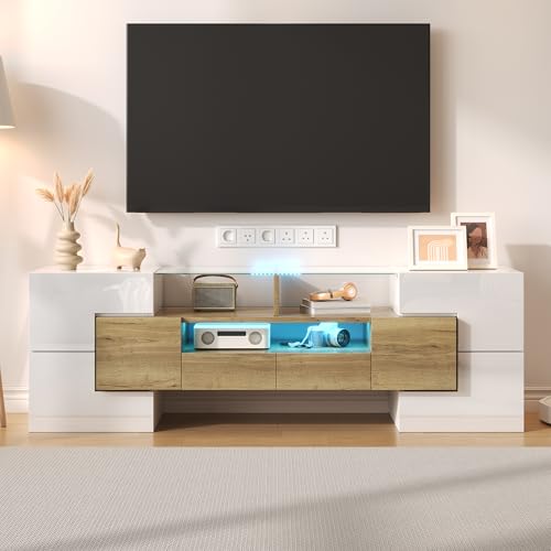 LARFOEK TV Schrank mit LED-Leuchten, Lowboard Hochglanz Fernsehtisch, Fernsehschrank TV Möbel Board für 50-59 Zoll Fernseher, Moderne TV-Regal für Wohnzimmer Schlafzimmer, 145x30x51cm, Weiß+Gold von LARFOEK
