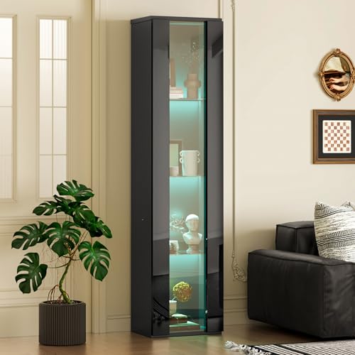 LARFOEK Vitrine mit LED-Beleuchtung, Glasvitrine mit 3 Glasböden, Sammlervitrine Vitrinenschrank für Wohnzimmer, Büro, Spielzimmer, 40 x 29 x 170 cm, Schwarz (Schwarz) von LARFOEK