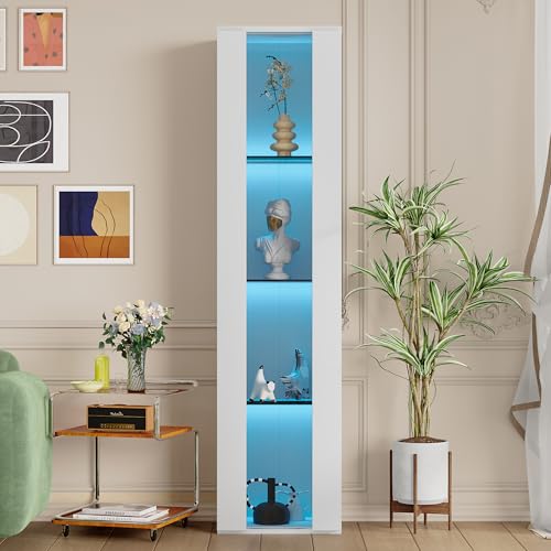 LARFOEK Vitrine mit LED-Beleuchtung, Glasvitrine mit 3 Glasböden, Sammlervitrine Vitrinenschrank für Wohnzimmer, Büro, Spielzimmer, 40 x 29 x 170 cm, Weiß von LARFOEK