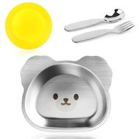 [NIE BENUTZT]Edelstahl-Babyteller mit Saugnapf, Baby-Saugteller Edelstahl-Babyteller mit Saugnapf, Baby-Utensilien mit Löffel und Gabel von LARGEIGHT