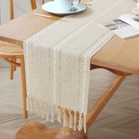 [NIE BENUTZT]Handgefertigter cremebeiger Tischläufer aus Leinen mit Quasten, rustikale Tischdekoration im Boho-Stil, ideal für Küche, Esszimmer, von LARGEIGHT