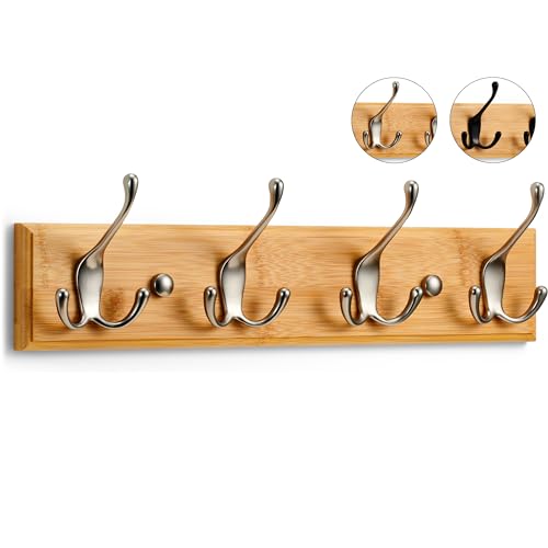 LARHN Garderobenhaken Holz - Garderobenleiste Holz mit 4 Haken in Nickel Matt - 42 cm - Kleiderhaken Wand - Wandgarderobe für Flure, Garderoben, Schlafzimmer und Badezimmer von LARHN