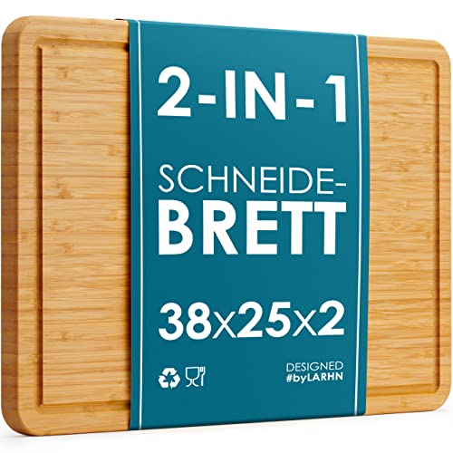 2-in-1 Schneidebrett Holz und Serviertablett aus Bamboo - Groß - 38 x 25 x 2 cm - Die Perfekte Holzbrett Küche zum Hacken und Servieren - von LARHN von LARHN