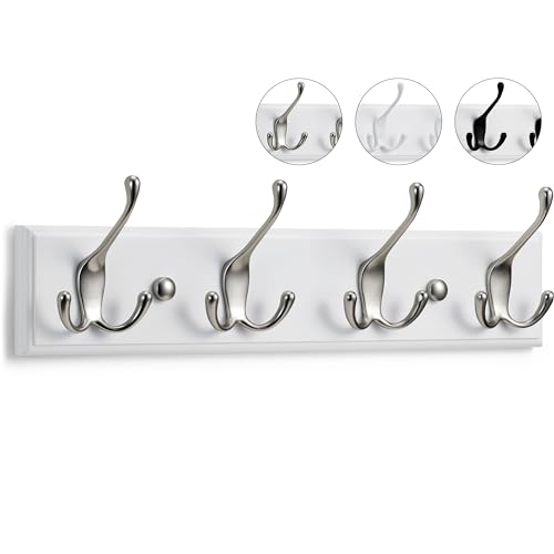 LARHN Garderobenhaken Weiß - Garderobenleiste Weiß mit 4 Haken in Nickel Matt - 42 cm - Kleiderhaken Wand - Wandgarderobe für Flure, Garderoben, Schlafzimmer und Badezimmer von LARHN