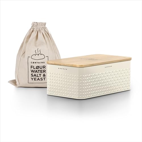 LARS NYSØM Brotkasten I Brotbox aus Metall mit Brotsack aus Leinen für langanhaltende Frische I Brotdose mit hochwertigem Bambusdeckel verwendbar als Schneidebrett I 34x18,5x13,5cm (Almond Beige) von LARS NYSØM
