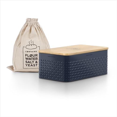 LARS NYSØM Brotkasten I Brotbox aus Metall mit Brotsack aus Leinen für langanhaltende Frische I Brotdose mit hochwertigem Bambusdeckel verwendbar als Schneidebrett I 34x18.5x13.5cm (Navy Blue) von LARS NYSØM