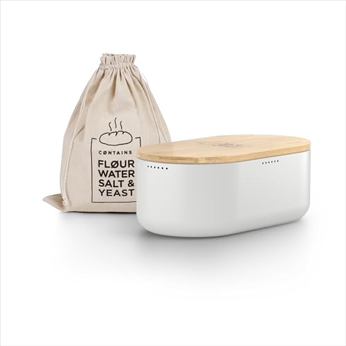 LARS NYSØM Brotkasten I Brotbox aus Metall mit Brotsack aus Leinen für langanhaltende Frische I Brotdose mit hochwertigem Bambusdeckel verwendbar als Schneidebrett I 36x19x13cm (Pure White) von LARS NYSØM