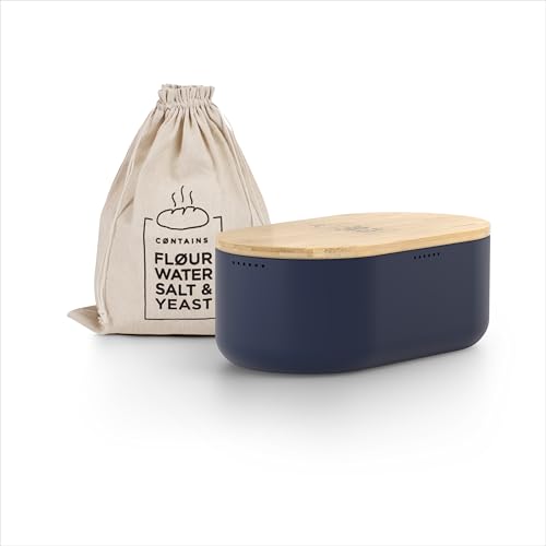 LARS NYSØM Brotkasten I Brotbox aus Metall mit Brotsack aus Leinen für langanhaltende Frische I Brotdose mit hochwertigem Bambusdeckel verwendbar als Schneidebrett I 36x19x13cm (Navy Blue) von LARS NYSØM