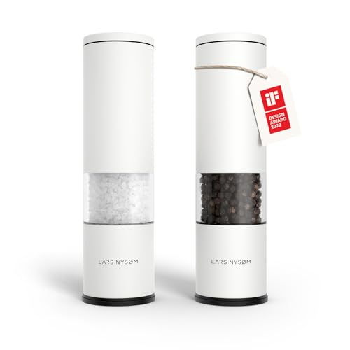 LARS NYSØM Salz und Pfeffer Mühle 2er Set Manuell mit einstellbarem Keramik-Mahlwerk von grob bis fein I Design Gewürzmühlenset (2 Stück) (Pure White) von LARS NYSØM