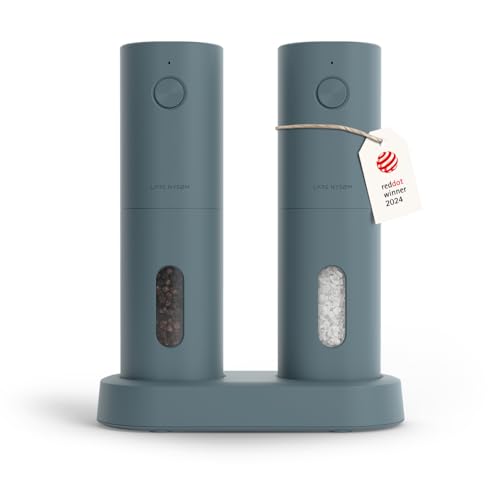 LARS NYSØM Salz und Pfeffer Mühle Elektrisch 2er Set mit einstellbarem Keramik-Mahlwerk von grob bis fein I Design Gewürzmühlenset Automatisch (2 Stück) (Stone Blue) von LARS NYSØM