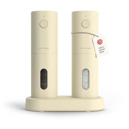 LARS NYSØM Salz und Pfeffer Mühle Elektrisch 2er Set mit einstellbarem Keramik-Mahlwerk von grob bis fein I Design Gewürzmühlenset Automatisch (2 Stück) (Almond Beige) von LARS NYSØM