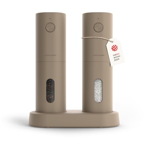 LARS NYSØM Salz und Pfeffer Mühle Elektrisch 2er Set mit einstellbarem Keramik-Mahlwerk von grob bis fein I Design Gewürzmühlenset Automatisch (2 Stück) (Taupe Brown) von LARS NYSØM