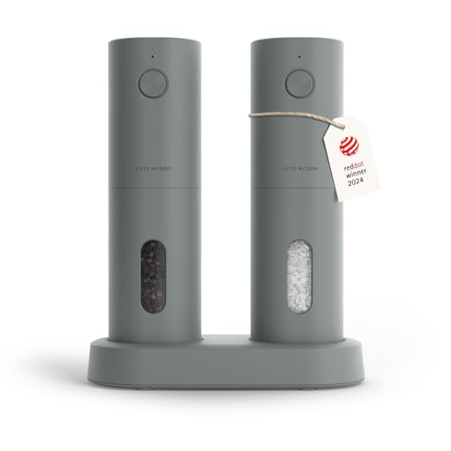 LARS NYSØM Salz und Pfeffer Mühle Elektrisch 2er Set mit einstellbarem Keramik-Mahlwerk von grob bis fein I Design Gewürzmühlenset Automatisch (2 Stück, Matt Grey) von LARS NYSØM