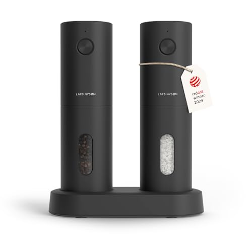 LARS NYSØM Salz und Pfeffer Mühle Elektrisch 2er Set mit einstellbarem Keramik-Mahlwerk von grob bis fein I Design Gewürzmühlenset Automatisch (2 Stück) (Carbon Black) von LARS NYSØM