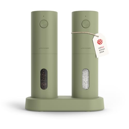 LARS NYSØM Salz und Pfeffer Mühle Elektrisch 2er Set mit einstellbarem Keramik-Mahlwerk von grob bis fein I Design Gewürzmühlenset Automatisch (2 Stück) (Sage Green) von LARS NYSØM