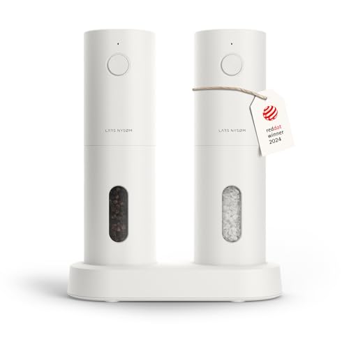 LARS NYSØM Salz und Pfeffer Mühle Elektrisch 2er Set mit einstellbarem Keramik-Mahlwerk von grob bis fein I Design Gewürzmühlenset Automatisch (2 Stück) (Pure White) von LARS NYSØM