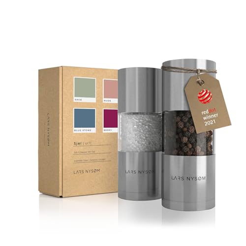 LARS NYSØM Salz und Pfeffermühle Set aus Edelstahl mit einstellbarem Keramikmahlwerk I Pfeffermühle und Salzmühle I Manuelle Gewürzmühlen (2 Stück) (Stainless Steel) von LARS NYSØM