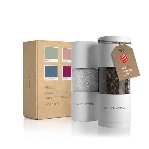 LARS NYSØM Salz und Pfeffer Mühlen Set aus Edelstahl mit einstellbarem Keramik-Mahlwerk 2 Stück I Manuelle Gewürzmühlen mit hochwertigem Design (2 Stk) (Pure White) von LARS NYSØM