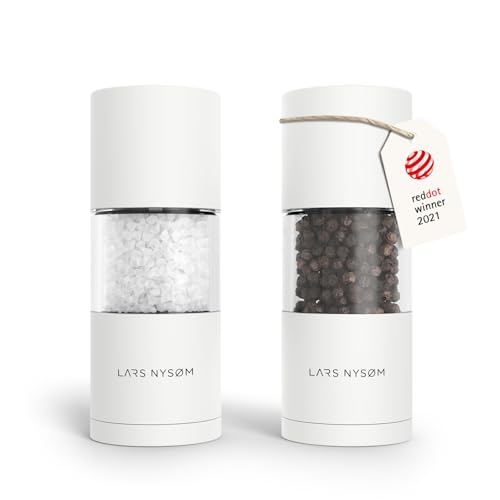 LARS NYSØM Salz und Pfeffer Mühlen Set aus Edelstahl mit einstellbarem Keramik-Mahlwerk 2 Stück I Manuelle Gewürzmühlen mit hochwertigem Design (2 Stk) (Pure White) von LARS NYSØM
