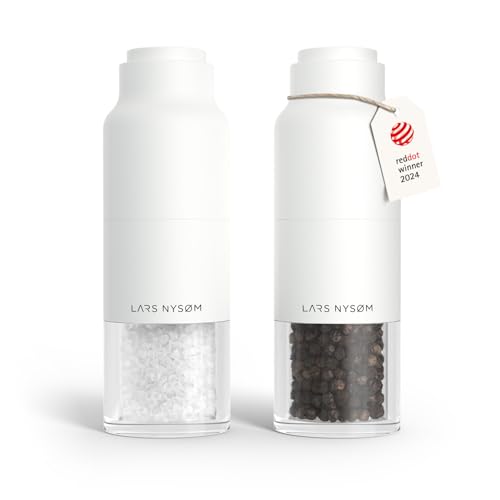 LARS NYSØM Salz und Pfeffermühlenset Edelstahl mit verstellbarem Mahlwerk I Flaschendesign Gewürzmühlen Set Manual (Pure White) von LARS NYSØM