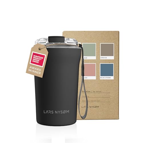 LARS NYSØM Thermo Kaffeebecher-to-go mit Trageschlaufe & Tritan Deckel | BPA-freier Travel Mug 0,38 Liter mit Isolierung | Auslaufsicherer Edelstahl Thermobecher für Café & Tee (Onyx Black, 380ml) von LARS NYSØM