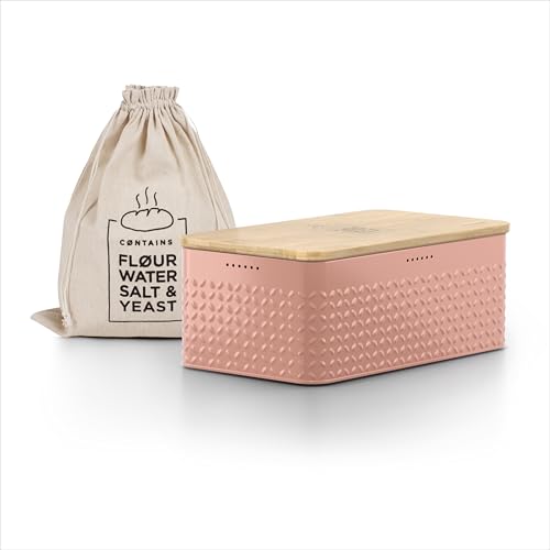 LARS NYSØM Brotkasten I Brotbox aus Metall mit Brotsack aus Leinen für langanhaltende Frische I Brotdose mit hochwertigem Bambusdeckel verwendbar als Schneidebrett I 34x18,5x13,5cm (Blush Rose) von LARS NYSØM