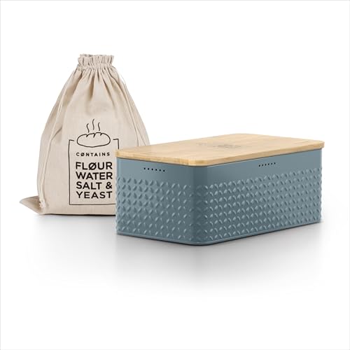 LARS NYSØM Brotkasten I Brotbox aus Metall mit Brotsack aus Leinen für langanhaltende Frische I Brotdose mit hochwertigem Bambusdeckel verwendbar als Schneidebrett I 34x18,5x13,5cm (Stone Blue) von LARS NYSØM