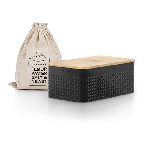 LARS NYSØM Brotkasten I Brotbox aus Metall mit Brotsack aus Leinen für langanhaltende Frische I Brotdose mit hochwertigem Bambusdeckel verwendbar als Schneidebrett I 34x18,5x13,5cm (Carbon Black) von LARS NYSØM