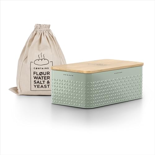 LARS NYSØM Brotkasten I Brotbox aus Metall mit Brotsack aus Leinen für langanhaltende Frische I Brotdose mit hochwertigem Bambusdeckel verwendbar als Schneidebrett I 34x18,5x13,5cm (Sage Green) von LARS NYSØM