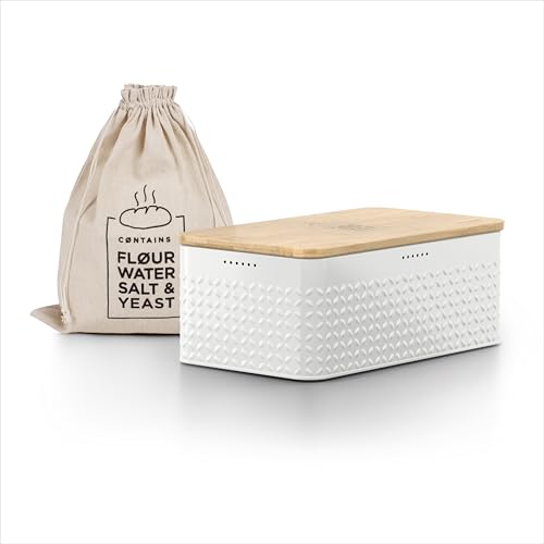LARS NYSØM Brotkasten I Brotbox aus Metall mit Brotsack aus Leinen für langanhaltende Frische I Brotdose mit hochwertigem Bambusdeckel verwendbar als Schneidebrett I 34x18,5x13,5cm (Pure White) von LARS NYSØM