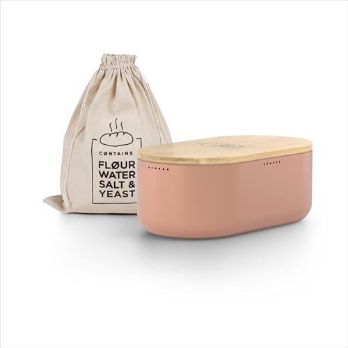 LARS NYSØM Brotkasten I Brotbox aus Metall mit Brotsack aus Leinen für langanhaltende Frische I Brotdose mit hochwertigem Bambusdeckel verwendbar als Schneidebrett I 36x19x13cm (Blush Rose) von LARS NYSØM