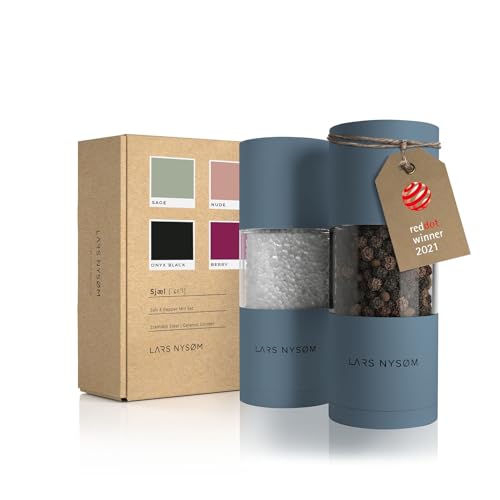 LARS NYSØM Salz und Pfeffer Mühlen Set aus Edelstahl mit einstellbarem Keramik-Mahlwerk 2 Stück I Manuelle Gewürzmühlen mit hochwertigem Design (2 Stk) (Stone Blue) von LARS NYSØM