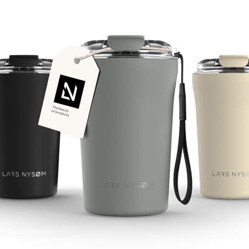 LARS NYSØM Thermo Kaffeebecher to go mit Trageschlaufe & Tritan Deckel | Travel Mug 0,38 Liter mit Isolierung | Auslaufsicherer Edelstahl Thermobecher für Café & Tee (Ash Gray, 380ml) von LARS NYSØM
