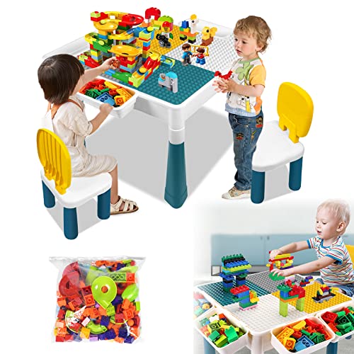 LARS360 6 in 1 Bausteine Spieltisch Kindertisch mit Stuhl Aktivitätstisch mit Aufbewahrungsbox Multifunktionaler Bausteintisch Doppelseitiger Tischplatte (Mit 162 Blöcken) von LARS360