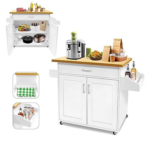 LARS360 Küchenschrank mit Arbeitsplatte, Handtuchhalter und Gewürztisch Küchenwagen mit Schubladen und Schranktür Kücheninsel küchenrollwagen für Küche, Esszimmer (Weiß, 115 x 36 x 90 cm) von LARS360