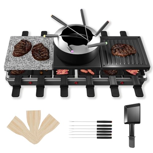 LARS360 Raclette Fondue Kombi für 12 Personen, Elektro Tischgrill Fondueset mit Naturgrillstein, Antihaft-Grillplatte und Hot Pot, Fondue Elektrisch inkl. 12 Pfännchen 12 Schabern & 6 Gabeln(Typ B) von LARS360