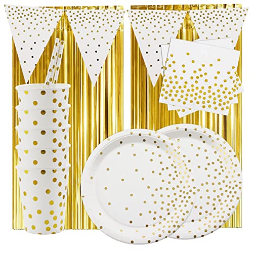 LASE C9 129pcs Einweg Geburtstag Geschirr Set aus Papier, Partygeschirr. 30 Personen. Teller, Tassen, Servietten und Girlanden. Elegant Geburtstagsdeko. (Polka Dots-Gold) von LASE C9