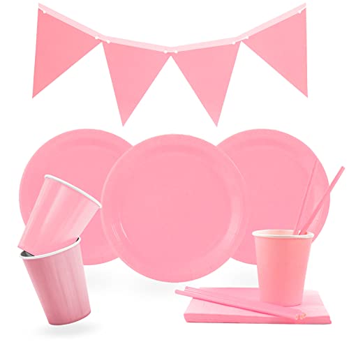 LASE C9 Deko Einweggeschirr Geburtstag 127 pcs. Geschirr Set Decorations für Kindergeburtstag. Inklusive Teller, Tassen, Servietten und Girlande 30 Personen. (Einfache Rosa) von LASE C9