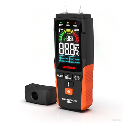 LASELION 2-in-1 Feuchtigkeitsmessgerät mit Stift- und Stiftlos-Modus – Für Holz, Beton, Trockenbau, Karton u.v.m. – LCD-Anzeige, Hold-Funktion, Taschenlampe, automatische Abschaltung MS03 von LASELION