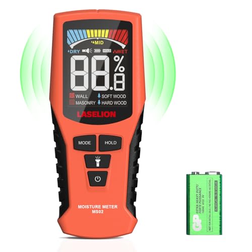 LASELION Stiftlose Wand Feuchtigkeitsmessgerät MS02 Nicht-invasive Feuchtigkeitsmesser Detector Holzfeuchtemessgerät mit Großem Farbdisplay, Batterien, 4 Modi für Holz Brennholz Wände Baustoffen von LASELION