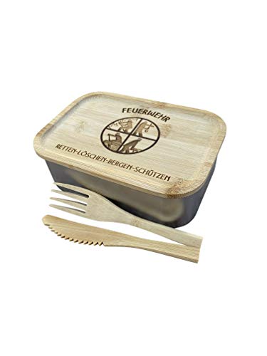 Edelstahl Lunchbox mit Holzdeckel, Besteck, Gummidichtung und Gravur - Jausendose Jausenbox Vesperdose Frühstücksbox Brotdose Brotzeidose (FEUERWEHR) von LASERHELD